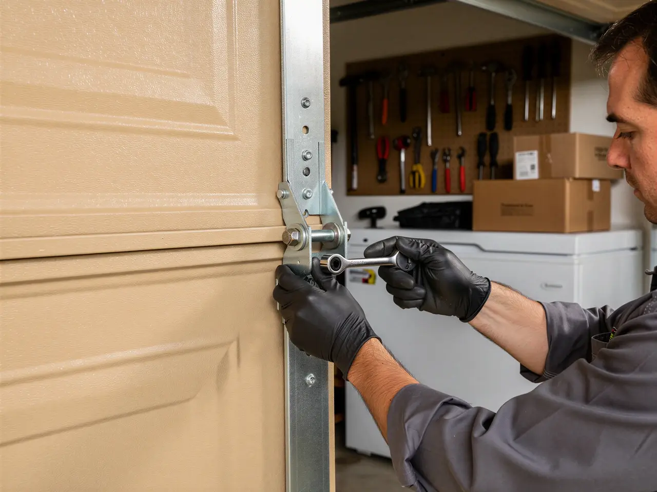 A technician in black gloves uses a wrench to adjust a garage door hinge.