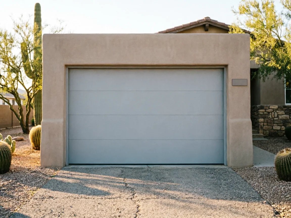 A light gray garage door is set into a tan stucco house.